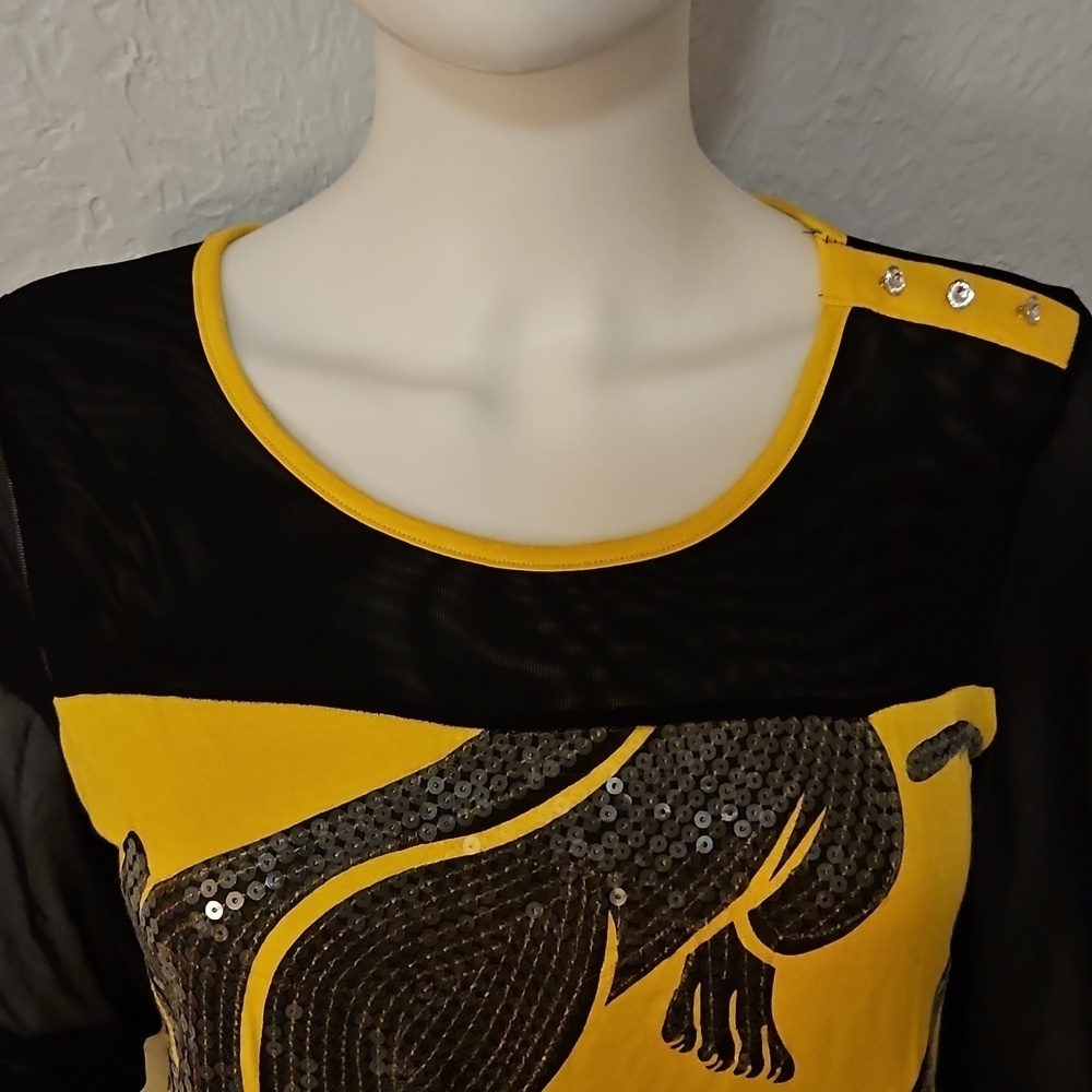 Vtg SHARIF 1827 Couture Yellow Sequin Panther Design Mesh Top - Picture 6 of 12